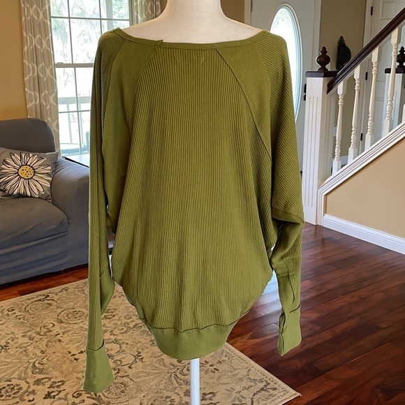 NWT - Free People Santa Clara Boho Thermal Waffle Knit Top, Army Green, Size M - Picture 6 of 8